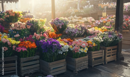 Scenic outdoor flower market with vibrant bouquets neatly arranged in rustic wooden crates, soft natural light creating a lively ambiance