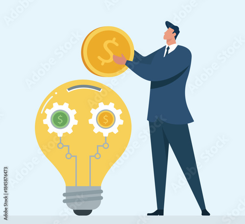 Businessman Investing Coin in Idea Lightbulb Piggy Bank, Funding Innovation and Financial Growth Concept Flat Vector Illustration, Investment in Innovative Ideas, Funding Business Growth