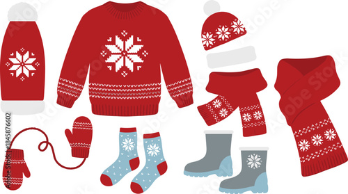 Winter clothing collection, snowflake sweater, festive socks, red mittens, cozy boots, holiday accessories, seasonal fashion set, flat vector illustration