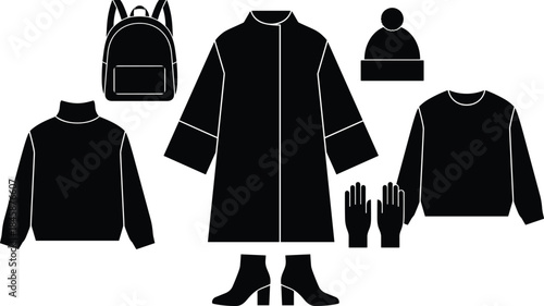 Winter clothing silhouette set, coat, sweaters, gloves, boots, beanie, backpack, seasonal fashion icons, flat vector illustration