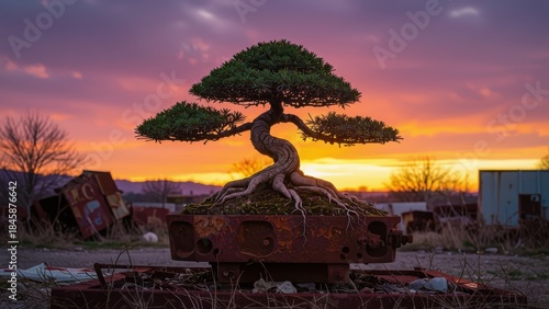 Bonsai Tree in Rusty Container at Sunset