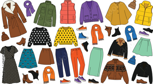 Winter fashion grid, colorful clothing and accessories, coats, sweaters, boots, hats, cartoon style, flat vector illustration
