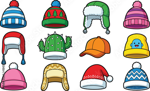 Winter hat collection, beanies, trapper hats, Santa cap, cactus design, cartoon style headwear, festive fashion, flat vector illustration