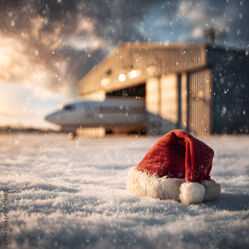 Wallpaper Mural Santa Claus hat placed on snowy airport hangar with airplane nose and hangar doors in background. Concept of Christmas celebration blending with travel and aviation industry. Torontodigital.ca