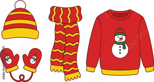 Winter holiday clothing set, snowman sweater, festive scarf, red mittens, striped beanie hat, seasonal outfit, flat vector illustration