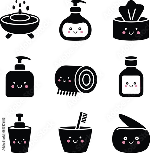 A set of cute kawaii black icons representing various personal hygiene items
