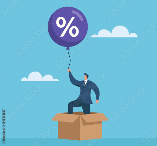 Businessman Rising from Box Holding Percentage Balloon Symbolizing Discounts, Interest Rates and Financial Growth, Thinking Outside the Box for Better Rates