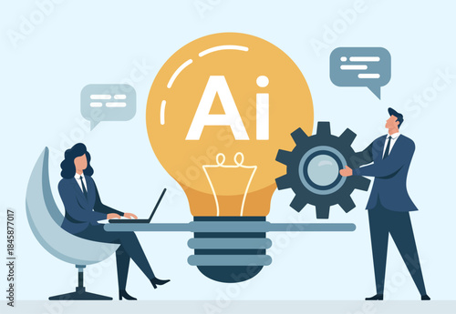 Business Teamwork and Innovation with Artificial Intelligence – Flat Vector Illustration, AI-Powered Business Collaboration, Human–AI Partnership at Work, Innovation and Problem-Solving