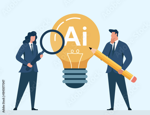 Business Team Analyzing and Designing AI Innovation Concept Flat Vector Illustration, Artificial Intelligence Innovation, Business Data Research, Creative Idea Generation