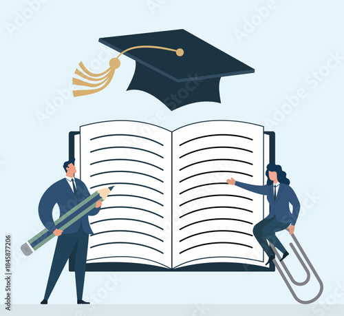 Flat vector illustration of higher education teamwork with graduates, open textbook, and office tools symbolizing study, planning, and academic success, Higher Education Achievement
