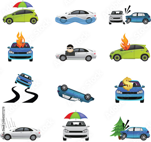 Car Accident Vector Icons Set – Auto Crash, Damage & Insurance Illustration