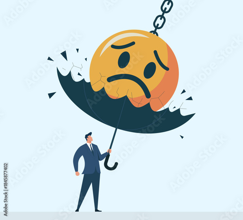 Businessman uses umbrella to block a crashing sad emoji wrecking ball, symbolizing emotional resilience and protection from stress and negativity, Emotional Resilience Shield