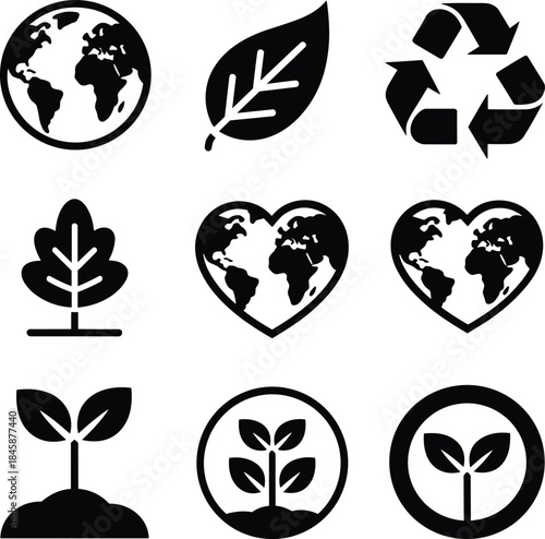 Environmental and ecology icon set featuring globe, leaf, recycle, and plant symbols