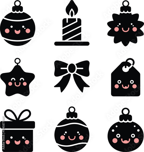 Kawaii black and white christmas icon set featuring ornaments, gift box, candle, and star