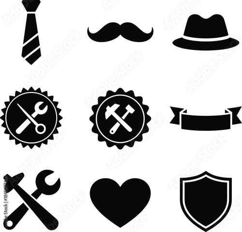Vintage father's day icons and symbols including tie, mustache, tools, and shield design