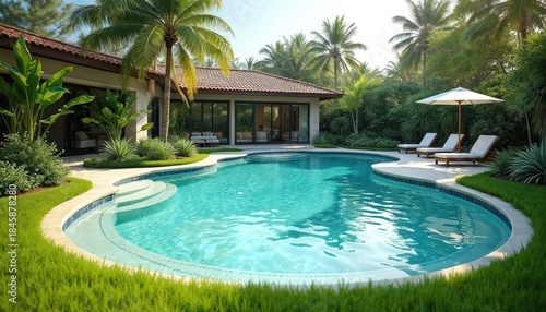 Wallpaper Mural Luxury home with large turquoise swimming pool, sun loungers, umbrella, and lush green landscaping. Modern house with glass doors opens onto tropical backyard paradise perfect for summer vacation. Torontodigital.ca