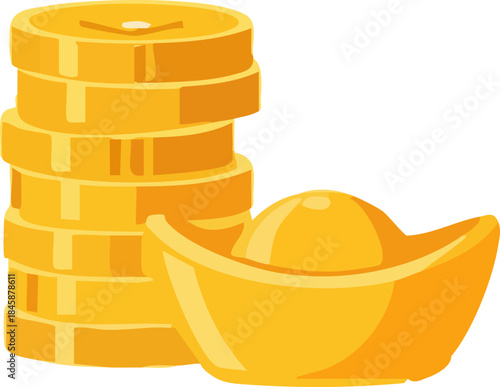 A flat illustration shows a stack of shiny gold coins beside a traditional Chinese gold ingot againstsymbolizing wealth and prosperity.