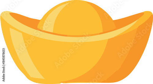 A flat illustration depicts a shiny golden Chinese ingot (yuanbao) symbolizing wealth, prosperity, and good fortune