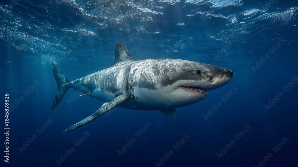 Fototapeta premium A majestic great white shark swims gracefully in clear, deep ocean water. The shark is a dominant apex predator