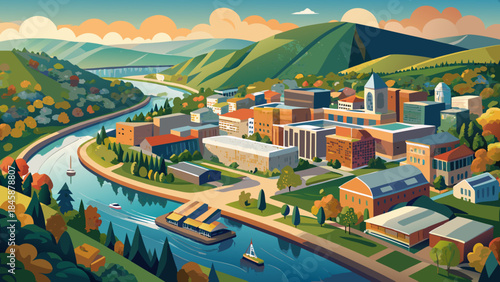 Very beautiful aerial perspective over Morgantown riverfront downtown, flowing river curves, compact city center, surrounding hills, and structured composition created for modern vector illustration.