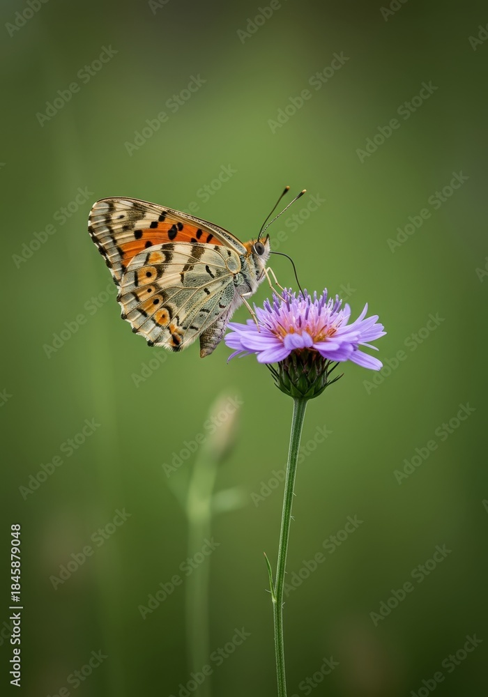 Obraz premium A beautiful wild butterfly slowly ascends the purple petals and green stem of a tall wildflower blooming brightly in a sunny meadow ,summer ,fauna ,ascending