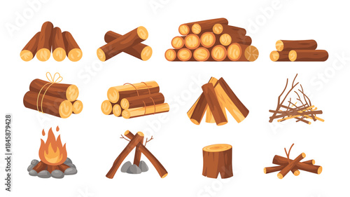 Assortment of firewood illustrations with logs, campfire and tree stump on white timber lumber