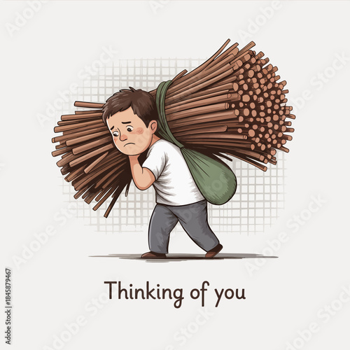 Boy carrying heavy bundle of sticks with thinking of you text child wood