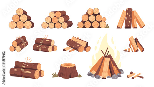 Collection of firewood illustrations including logs, campfire and tree stump on white timber lumber