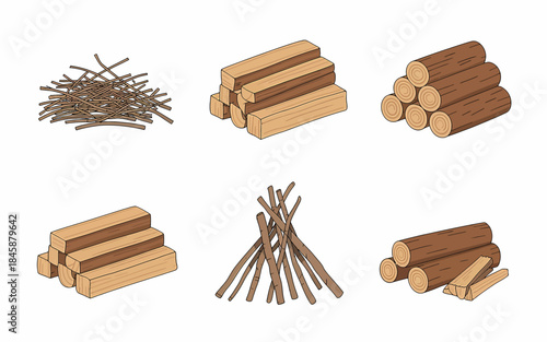 Collection of six different piles of cut wood logs and branches lumber timber