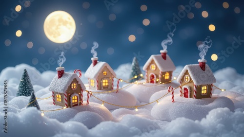 Snowy Gingerbread Village Moonlit Night