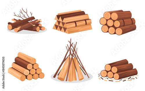 Collection of six different stacks and piles of cut firewood and branches logs timber