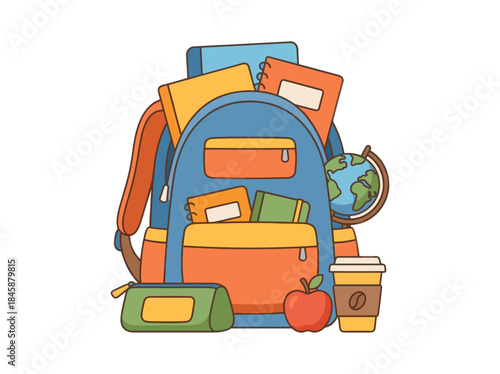 Colorful Backpack with School Supplies Illustration.