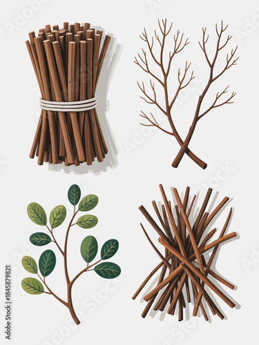 Four detailed illustrations of natural brown twigs and branches with shadows on white bundle pile