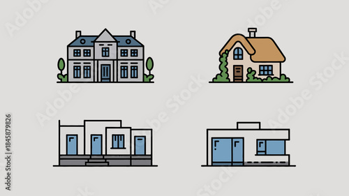 Four flat design illustrations of different architectural house styles on a light grey background home