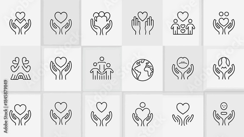 Grid of Hand- Drawn Icons Representing Care and Support symbols love