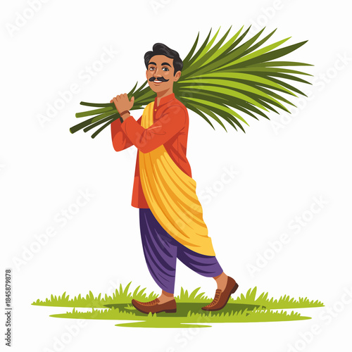 Indian farmer carrying a large bundle of green grass over his shoulder male agriculture