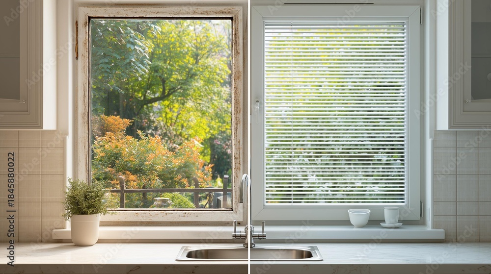 Obraz premium Contrasting kitchen window views: garden outside and closed blinds indoors