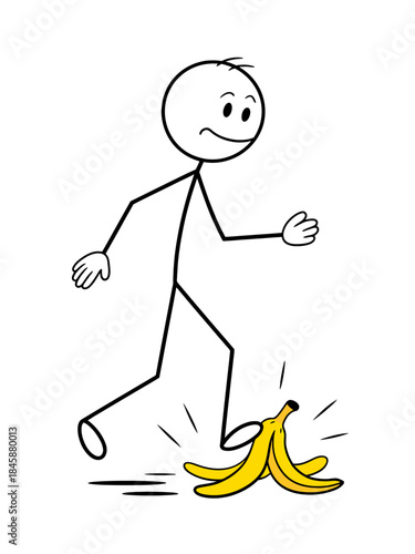 Stick figure walking towards a slippery banana peel on a white background person stepping