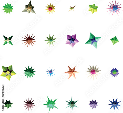 A diverse collection of colorful faceted geometric shapes arranged in a grid on a clean white background