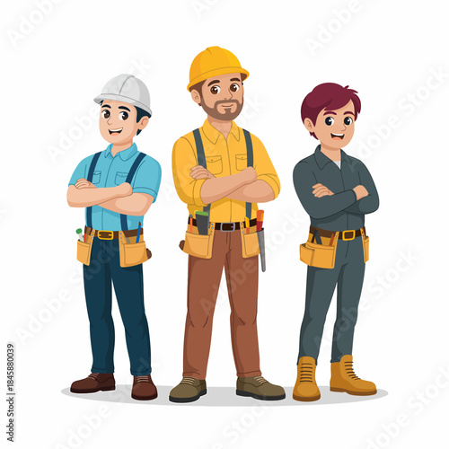 Three Cartoon Construction Workers with Tools and Safety Helmets Standing Confidently illustration
