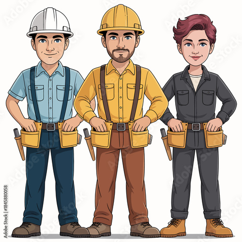 Three construction workers in hard hats and tool belts standing together builders laborers