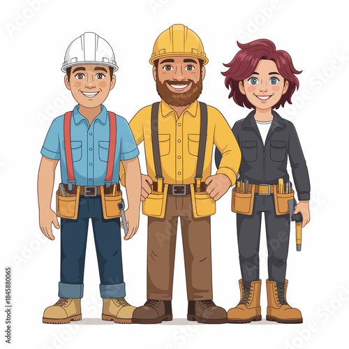 Three Construction Workers With Tools And Hard Hats Smiling builder contractor