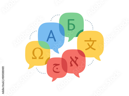 Colorful Speech Bubbles with Various Language Symbols.
