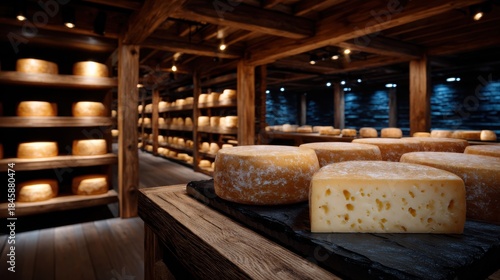 Aging cheese wheels on rustic wooden shelves in a warm-lit cellar, ideal for culinary, artisanal, and gourmet-themed commercial use.