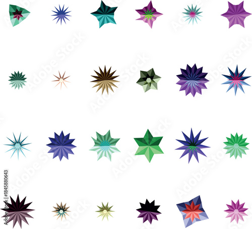 A vibrant collection of multi faceted star like geometric shapes arranged neatly on a plain white surface