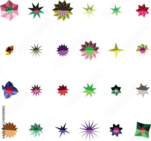 An array of colorful pointy geometric forms with varied facets displayed neatly on a bright surface