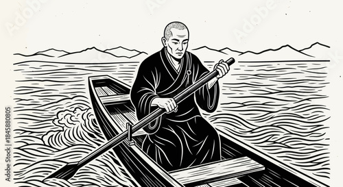 Monk Rowing Boat: Serene Journey on Water.