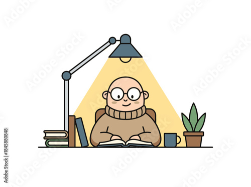 Man Reading Book Under Desk Lamp.