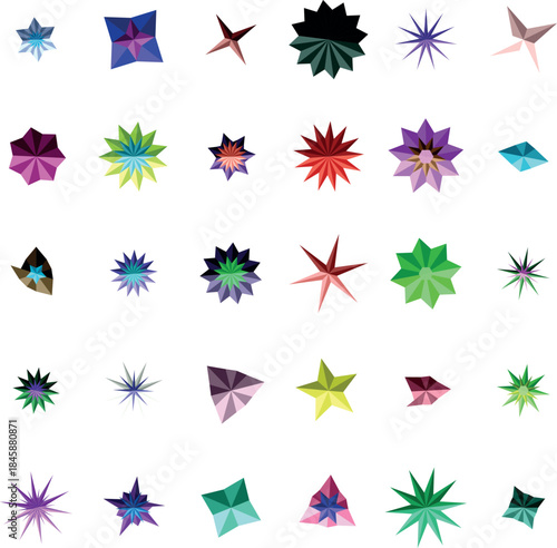 An array of diverse polygonal shapes with pointed edges and sparkling facets displayed on a clear white backdrop