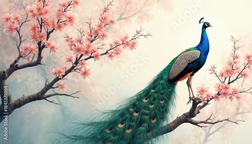 Male peacock rests on a blooming tree branch. Features beautiful blue green plumage and long tail feathers. Soft pink blossoms surround bird in spring season setting. Elegant wildlife image.